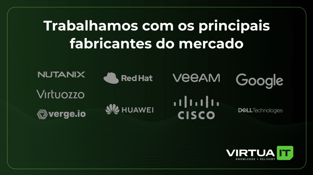 Parceiros VirtuaIT
Nutanix
Red Hat
Veeam
Google
Virtuozzo
Verge.io
Huawei
Cisco
Dell Technologies